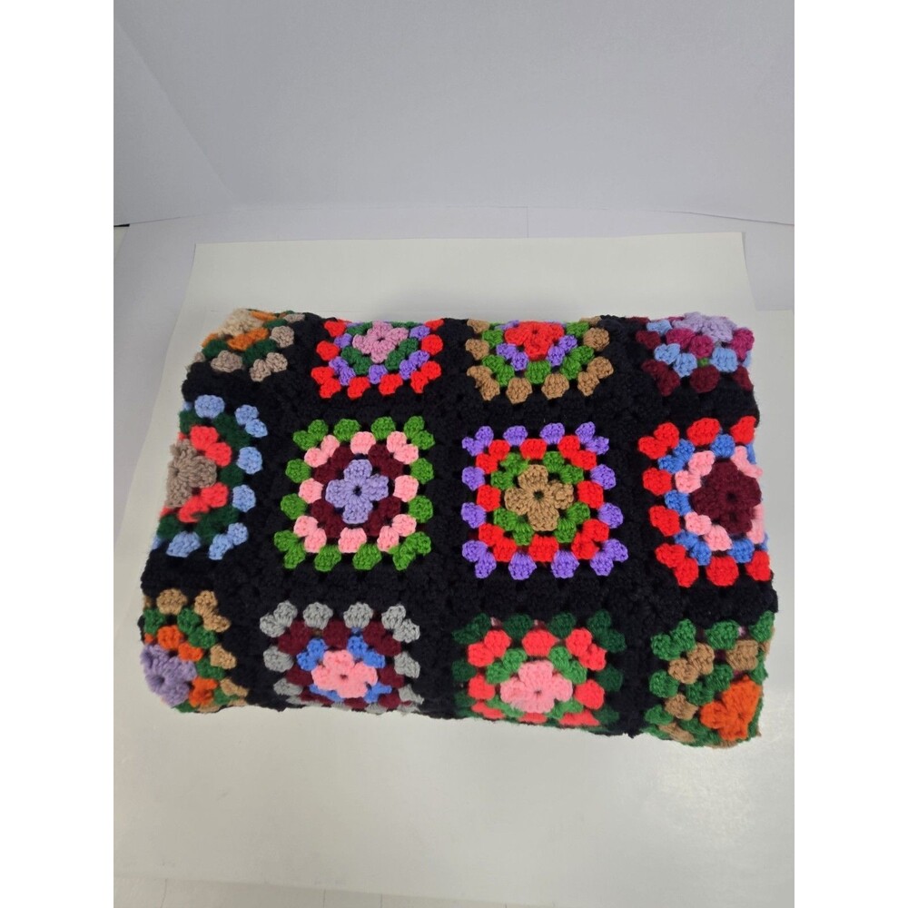 Handmade Crochet Granny Square Afghan Blanket Black Multicolor Floral 46x66